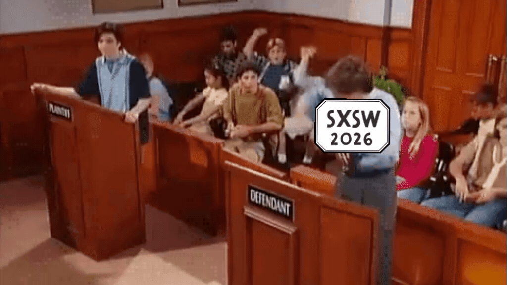 GIF animado de uma cena de tribunal humorística com adolescentes. No centro, um jovem de camisa azul segura um martelo de juiz sob um selo branco redondo onde está escrito "SXSW 2026". À esquerda, outro jovem observa de um púlpito de madeira. No fundo, o júri composto por jovens reage levantando as mãos e gesticulando.