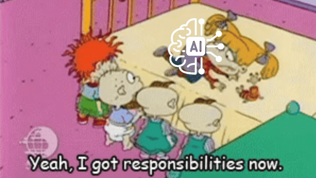 GIF animado da série Rugrats. A personagem Angelica Pickles está deitada de bruços em uma cama rosa, olhando para quatro bebês (Tommy, Chuckie, Phil e Lil) que estão de pé no chão em frente a ela. Na parte inferior, há uma legenda em inglês que diz: "Yeah, I got responsabilities now." (É, eu tenho responsabilidades agora). Estilo de animação clássico dos anos 90.
