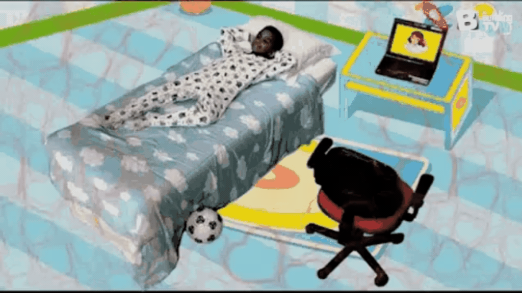 Animação de uma pessoa deitada na cama de pijama em um quarto ilustrado, observando um notebook ligado ao lado, representando o hábito de navegar e buscar referências nas redes.