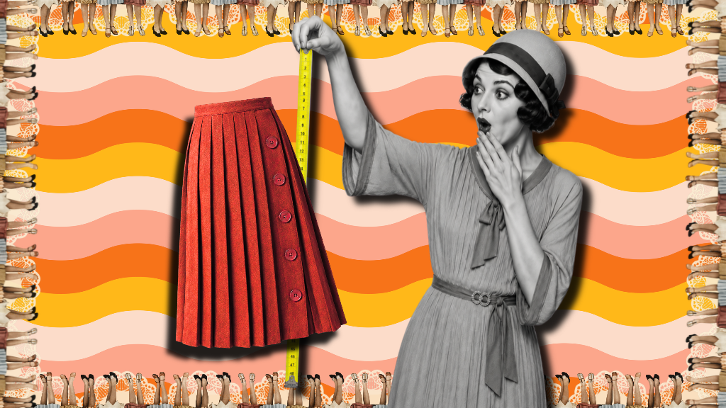 Colagem digital estilo vintage representando a saturação de mídias e a evolução histórica da publicidade. Uma mulher de chapéu cloche segura uma fita métrica para medir uma saia plissada vermelha com expressão de surpresa. O fundo é azul com bolinhas e moldura de pernas de manequim.