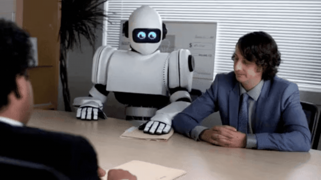 Robô branco e um homem de terno em uma mesa de reunião, ilustrando o uso da Inteligência Artificial como tradutora de dados para a Inteligência Social.