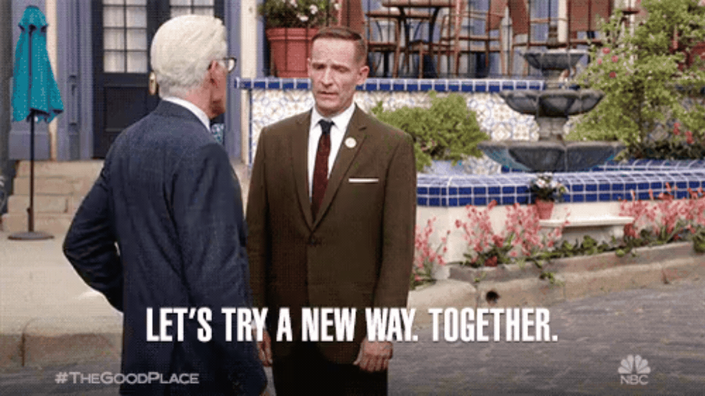 GIF dos personagens de The Good Place conversando com a legenda "Let's try a new way. Together", ilustrando a mudança nos investimentos em mídia e na estratégia das marcas.