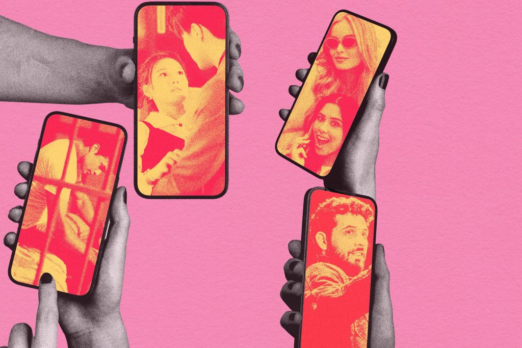 Ilustração pop art em fundo rosa com várias mãos segurando celulares na vertical exibindo cenas de atores em novelas, representando a entrada de grandes estúdios no setor de microdrama.