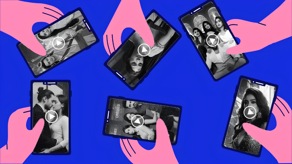 Ilustração com fundo azul e mãos rosas segurando vários smartphones na vertical exibindo vídeos de ficção com botões de play, representando o formato de microdrama e novelinhas verticais nas redes sociais.