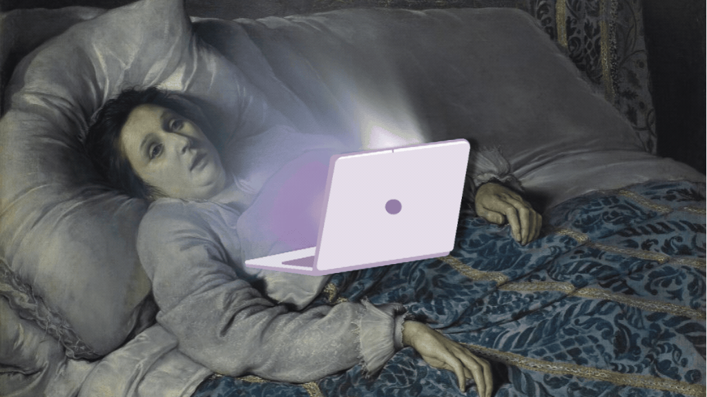 Colagem artística em estilo clássico de uma mulher na cama olhando exausta para a luz intensa de um notebook, ilustrando a sobrecarga de anúncios e a saturação de mídia.