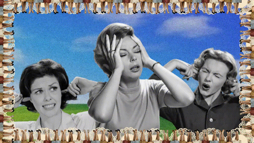 Colagem em estilo vintage com três mulheres tapando os ouvidos e demonstrando incômodo, representando o excesso de ruído visual e a saturação de mídia no ambiente digital.