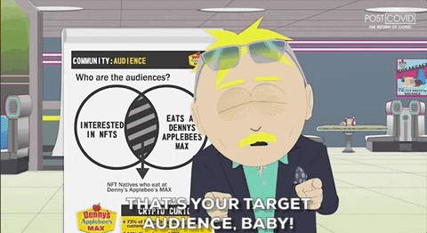 GIF do desenho South Park mostrando um personagem apresentando um quadro com diagrama de Venn sobre público-alvo e a frase "That's your target audience, baby!", ilustrando a limitação de audiência e a saturação de mídia.