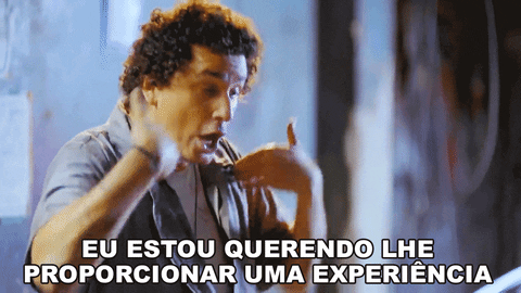 GIF do canal Porta dos Fundos com o ator Rafael Portugal gesticulando e a legenda "Eu estou querendo lhe proporcionar uma experiência", ilustrando a mudança de foco do excesso para a experiência de consumo na era do Ozempic.