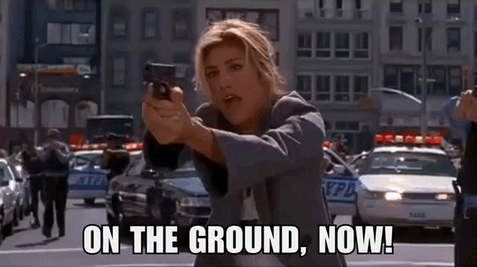 Gif do filme "Taxi" (2004) em que uma personagem está de saia curta, enquanto uma policial grita "No chão, agora!". A personagem, loira de peles claras, responde " Com essa saia? Eu acho que não".