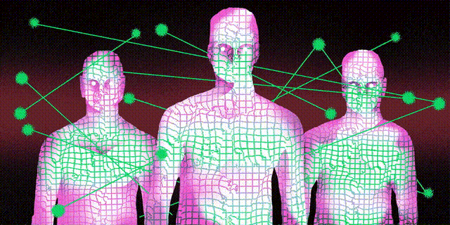 Animação futurista com três figuras humanas em malha gráfica digital verde e rosa conectadas por pontos de dados e lasers, ilustrando a hiperconectividade e a saturação de mídia.